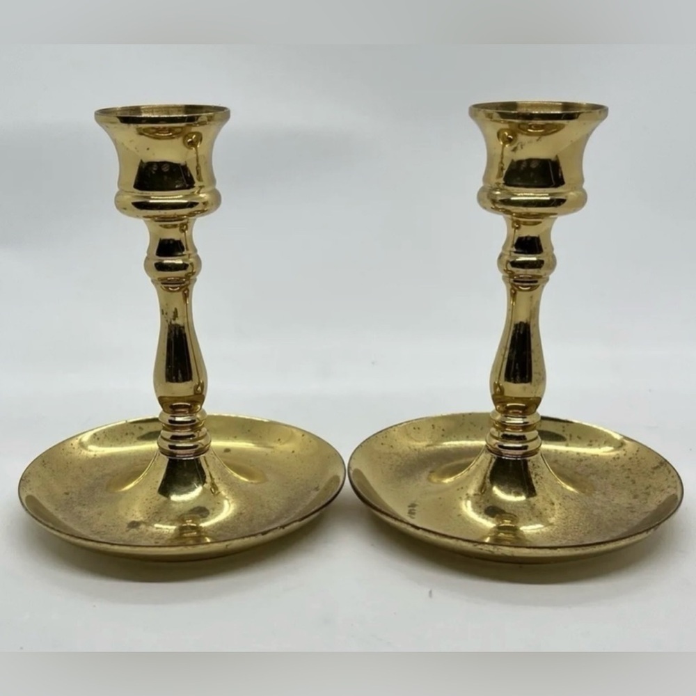 Vintage Pair of Solid Polished Brass Candle Holders Candlesticks